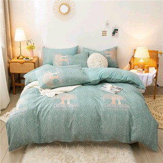 Bộ chăn ga gối drap giường chất cotton poly họa tiết cổ thụ ghi nền xanh min nhạt