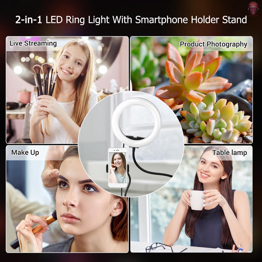 AUDI   Andoer 8 Inch Two in One LED Ring Light with Metal Hose Support and Phone Holder LED Fill-in Lighting USB Line Control for Live Stream Makeup Selfie Recording Lighting Compatible with  Android Smartphones