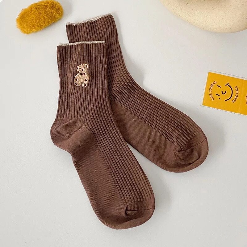Vớ Cotton Cổ Cao Họa Tiết Kẻ Sọc Màu Trơn In Hình Gấu Hoạt Hình Dễ Thương Thời Trang Mùa Đông Cho Nữ