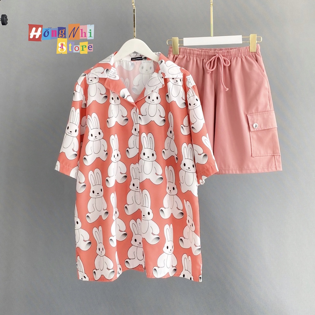 Áo Sơ Mi Họa Tiết Đi Biển Con Thỏ Trắng Hoạt Hình Tay Lỡ Dáng Rộng Ulzzang Unisex - MM