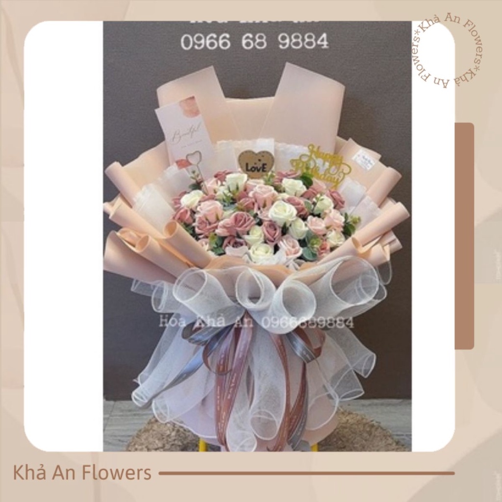 Bó hoa sáp 4 lớp 55bông mix lá táo. Tặng full phụ kiện y hình