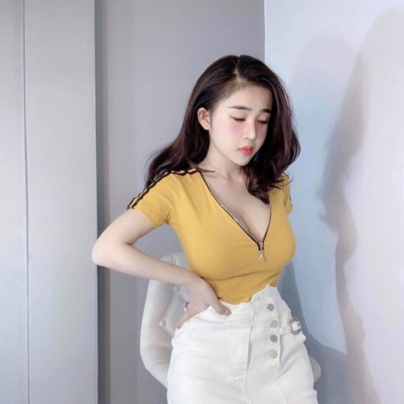 Áo kiểu cổ V khóa kéo thun cotton kiểu sọc vai nữ