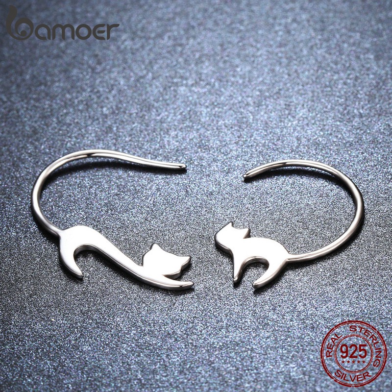 Đôi Bông Tai Bamoer Bằng Bạc S925 bạch Kim Hình Mèo Xinh Xắn Cho Nữ