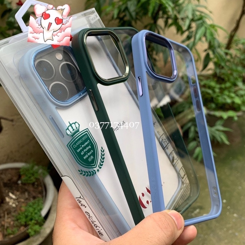 Ốp lưng trong kính X&M viền màu cho iPhone 14 Pro Max Plus 13 Pro Max, 12 Pro Max vành camera nhôm siêu đẹp màu kẹo ngọt