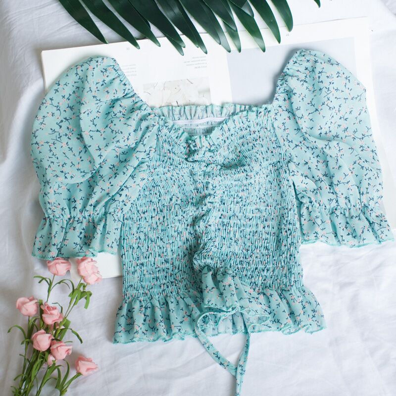 Áo kiểu chiffon nữ cổ vuông in hoa xinh xắn