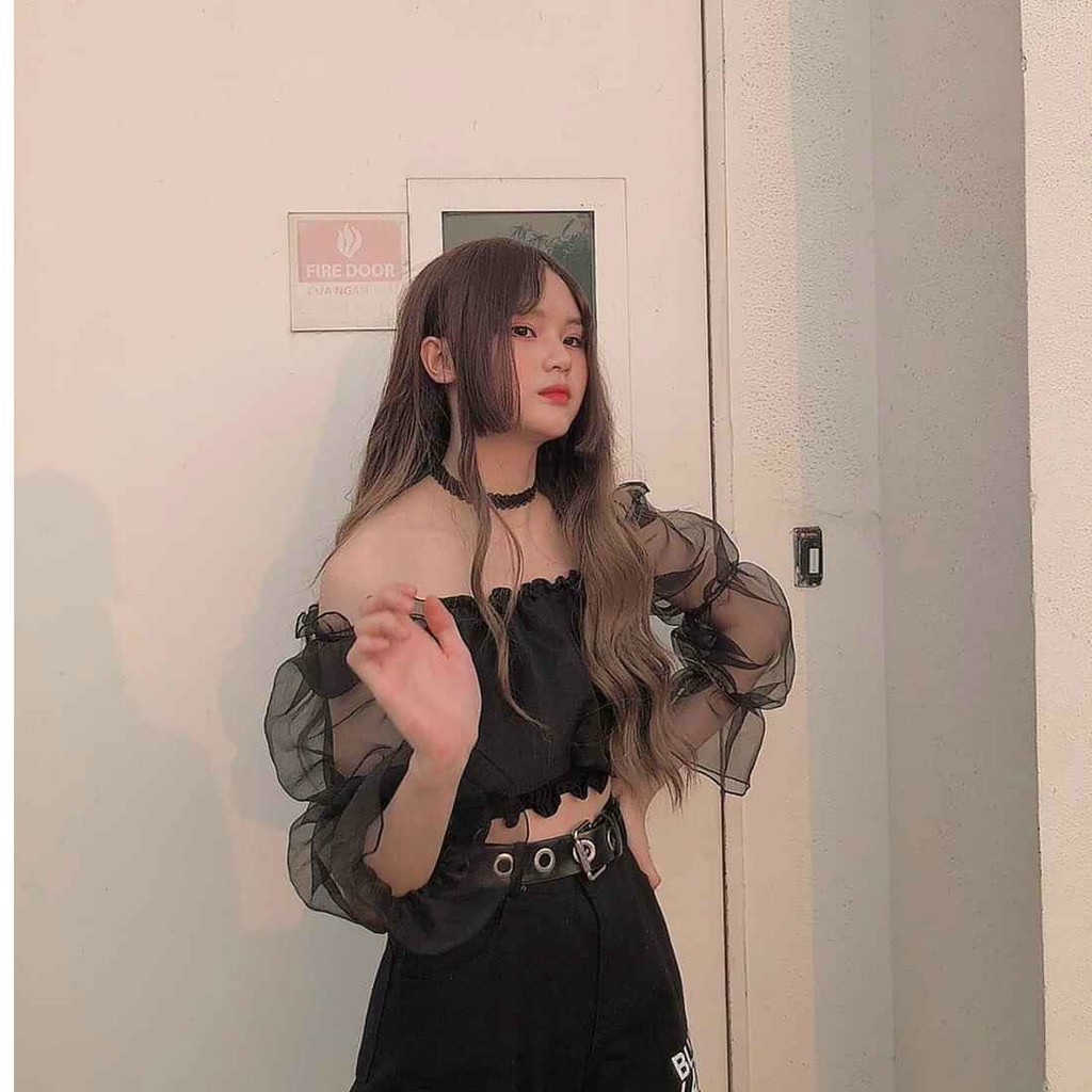 Áo trễ vai tay bồng nữ - áo bẹt vai nữ bo eo phối tay voan kiến -A0107 | BigBuy360 - bigbuy360.vn