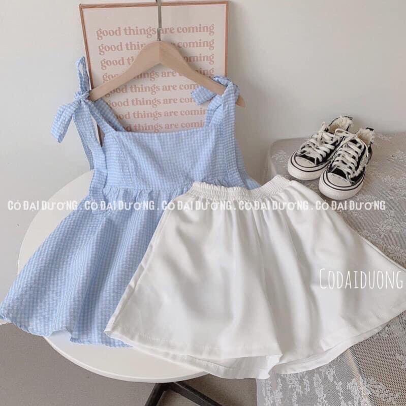 Set Áo Babydoll 2 Dây Kẻ Caro Xanh Xốp Kèm Quần Short Trắng(Hàng Sẵn, Ảnh Thật)