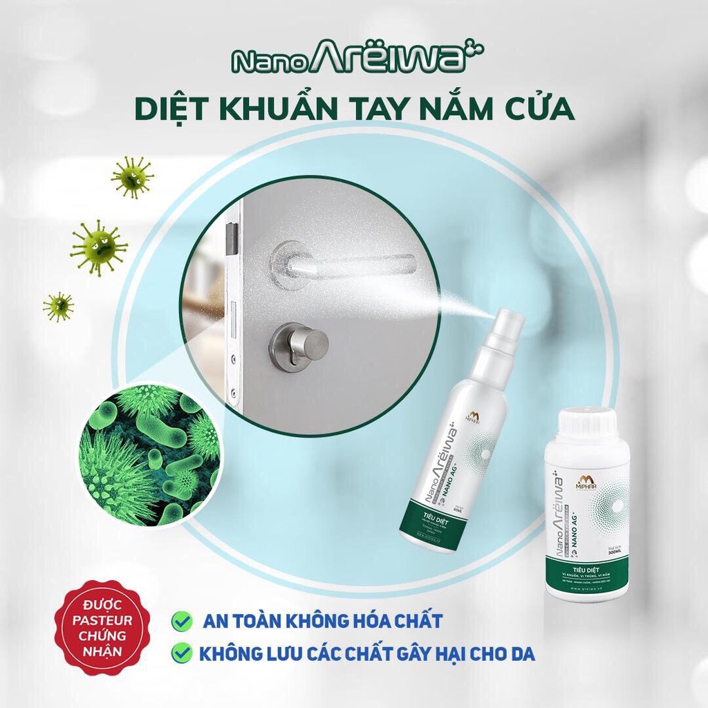 Nước xịt diệt khuẩn nano bạc Nano Areiwa 60ml, khử khuẩn, sát khuẩn, khử mùi giày, điện thoại, đồ chơi, nón bảo hiểm