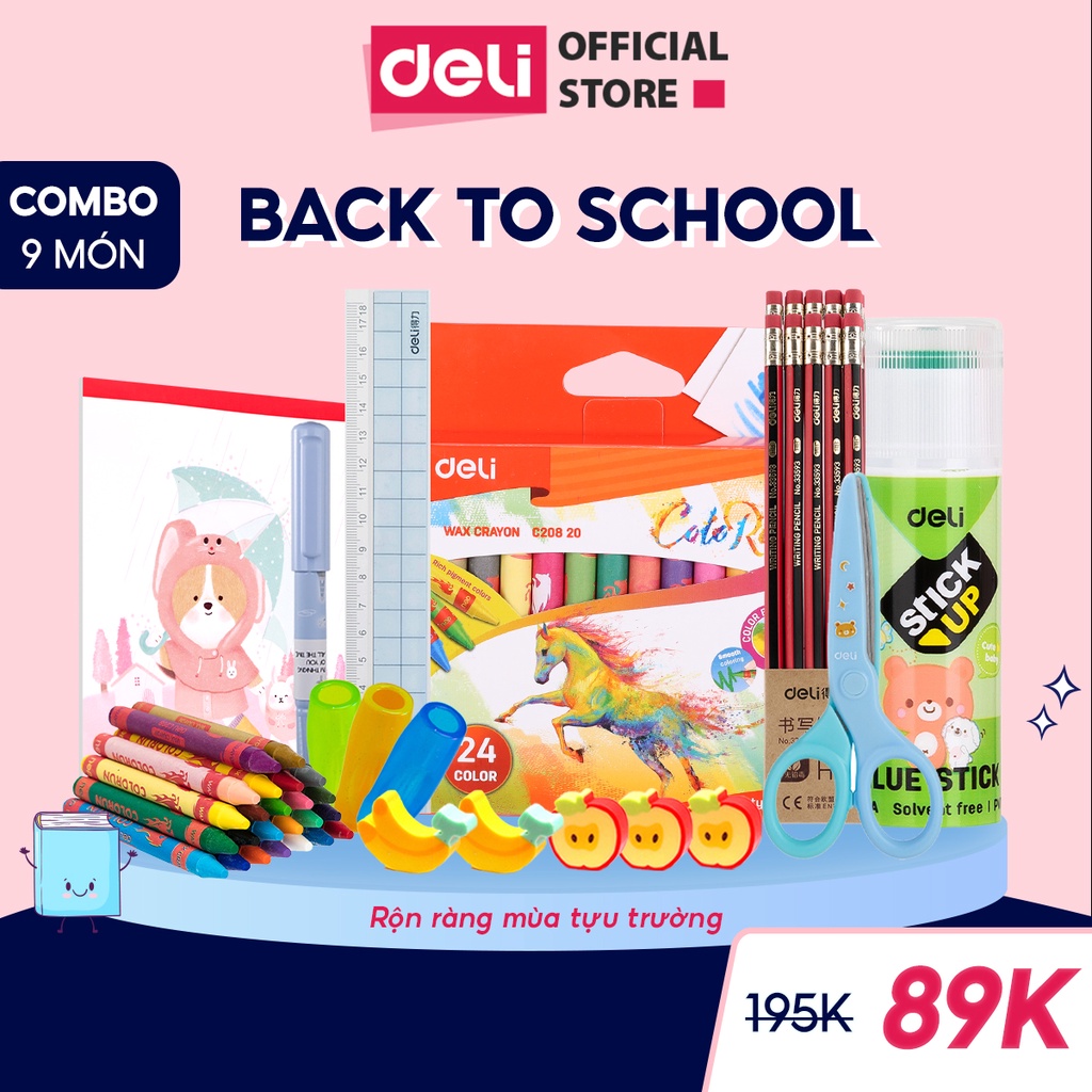 Combo Back To School Deli - Bộ Gồm 9 Món: Bút chì HB, Bút sáp màu, Gôm/Tẩy, Bút máy, Vở vẽ, Thước, Kéo, Hồ khô,...