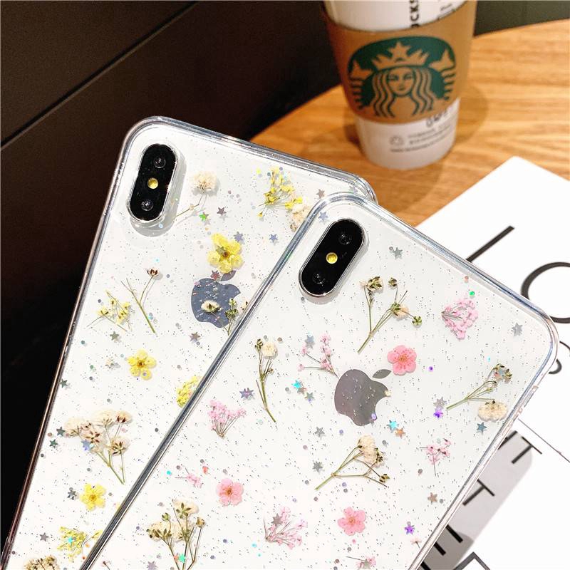 Ốp điện thoại mềm trong suốt trang trí hoa khô kim tuyến cho iPhone 8 7 Plus 6 6s SE 2020 iPhone X XR 11 Pro XS MAX