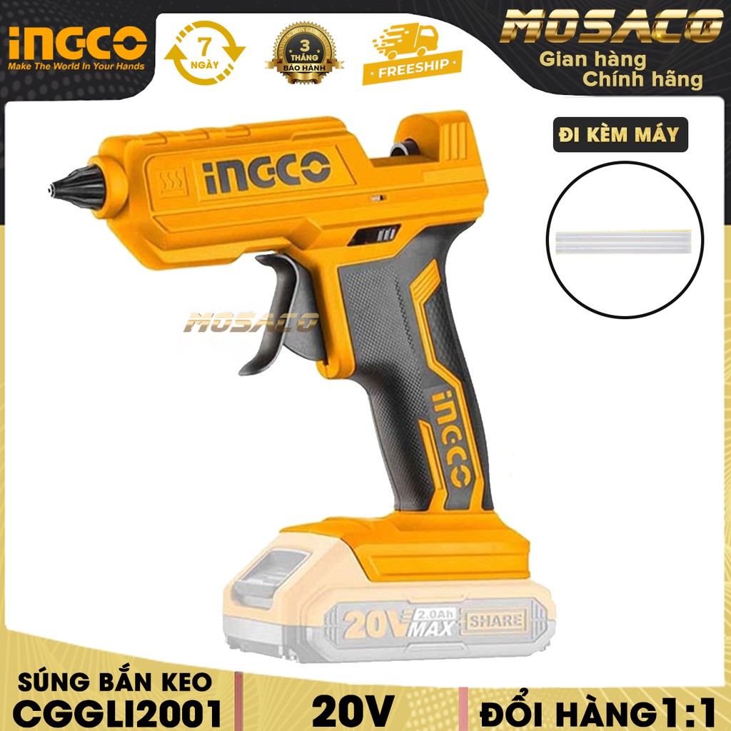 Súng bắn keo INGCO CGGLI2001 Lithium 20V kèm theo 2 cây keo nến 11.2mm, không kèm pin sạc - MOSACO