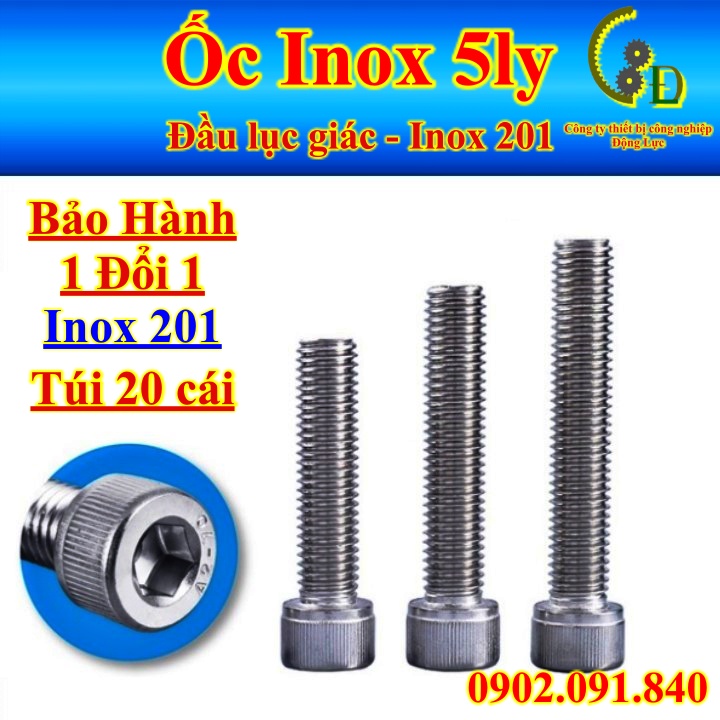 [20 cái] Ốc lục giác chìm 5ly, bulong (bu lông) inox 201 M5, vít chốt dài 10mm, 20mm, 30mm, 40mm