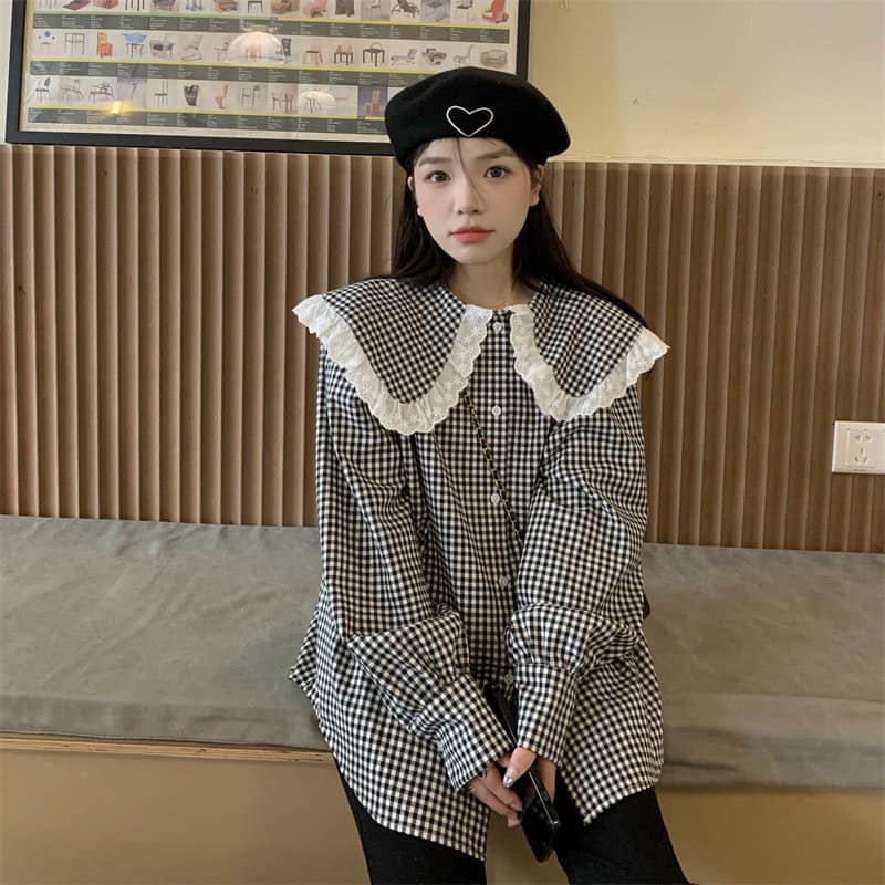 Áo sơ mi nữ dài tay cổ bèo ren tay bồng dáng rộng phong cách tiểu thư ulzzang 2 màu | BigBuy360 - bigbuy360.vn