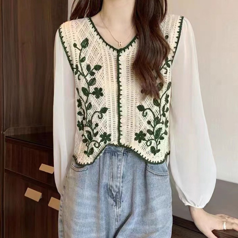 Áo Sơ Mi Chiffon Dài Tay Cổ Chữ V Thêu Hoa Phong Cách Pháp
