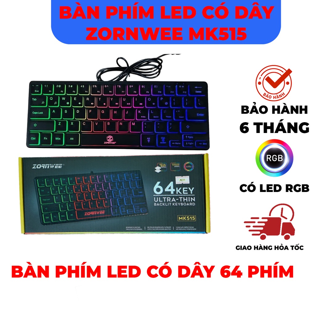 Bàn phím Mini 64 phím nhỏ gọn có Led Nhiều màu ZornWee MK515