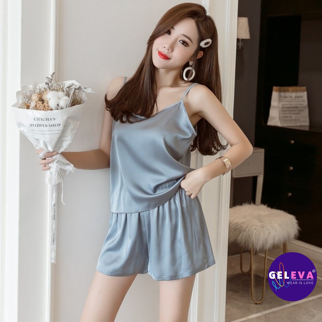 Bộ ngủ 2 dây lụa đẹp cao cấp Geleva, Đồ bộ nữ ngủ Pijama 2 dây lụa satin mặc nhà đẹp quần cộc lửng thoải mái