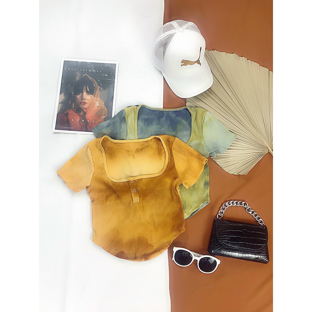 Áo kiểu croptop cổ U nút bấm phối màu loang cực xinh , chất thun gân mềm mịn