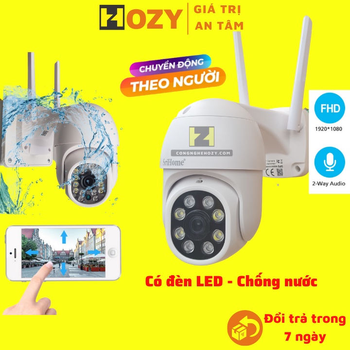 Camera wifi ngoài trời chống nước  PTZ Srihome FullHD1080 xoay 360 độ có đèn Led quay đêm có màu