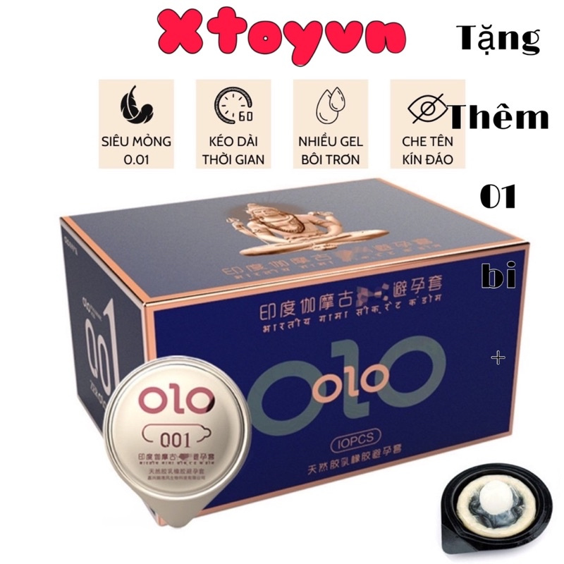 Bao Cao Su OLO 0.01mm Xanh , Siêu Mỏng Tặng Kèm Bi , Kéo Dài Thời Gian - Gốc Nước - Hộp 10 Bcs + 1 viên bi