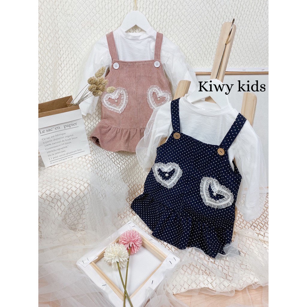 Set váy yếm bé gái KIWY KIDS gồm áo thun và váy rời chất nhung mặc mùa thu đông Kids09-59 cho bé từ 3 tháng đến 5 tuổi