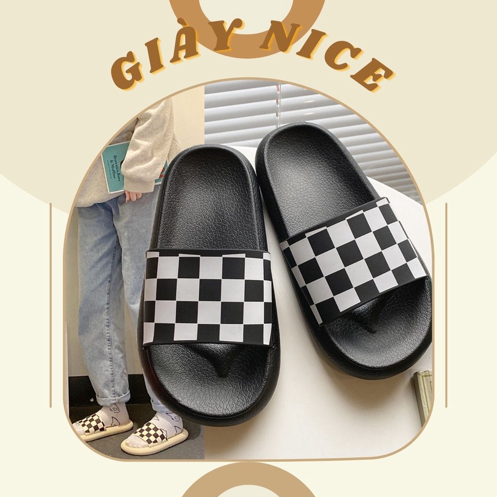 Dép quai ngang bánh mì nữ ô bàn cờ đen trắng dễ thương
