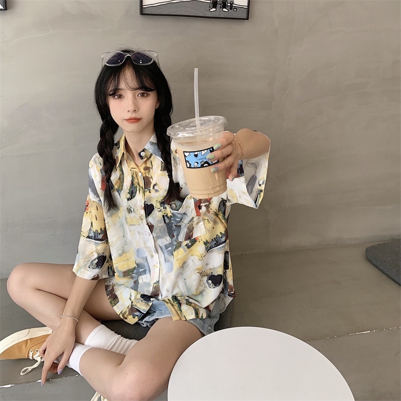 SUXI Áo Sơ Mi Tay Ngắn In Họa Tiết Phong Cách Retro Hàn Quốc