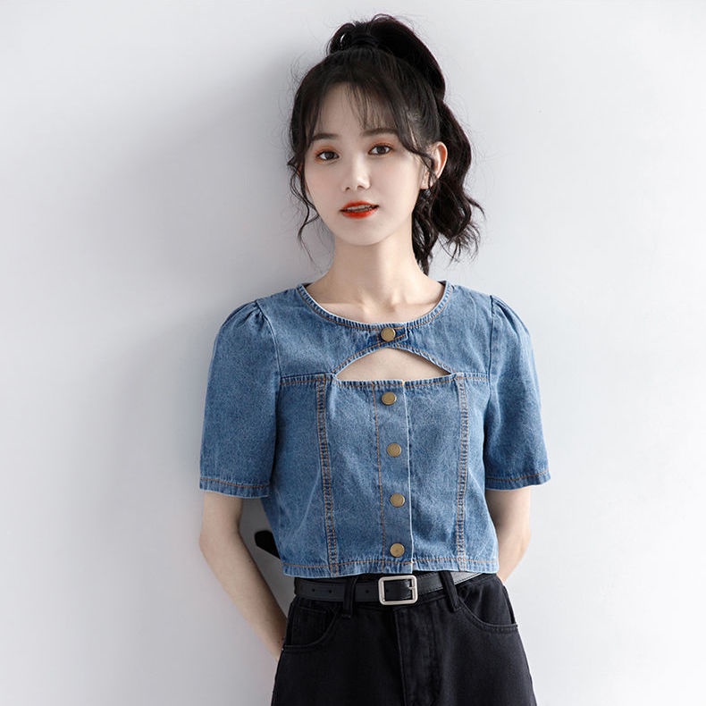 Áo Sơ Mi Denim Tay Ngắn Phong Cách Mới Mùa Hè Cho Nữ