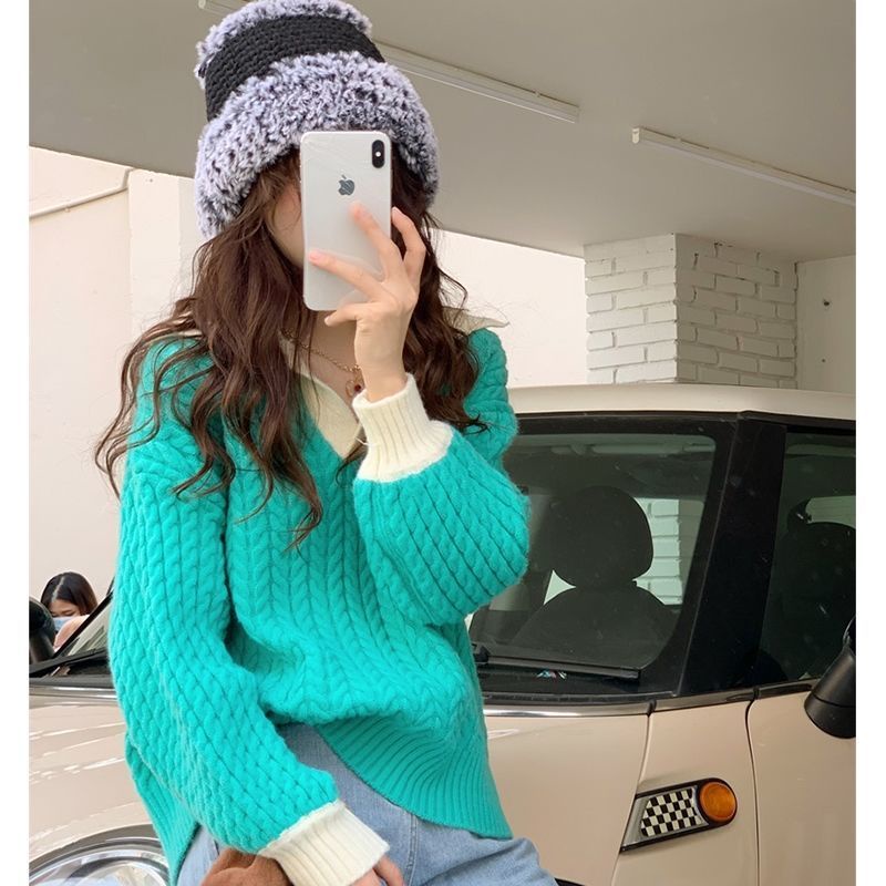 Áo Sweater Mềm Mại Dáng Rộng Dài Tay Phối Màu Tương Phản Kiểu Retro Thời Trang Thu Đông 2022 Cho Nữ