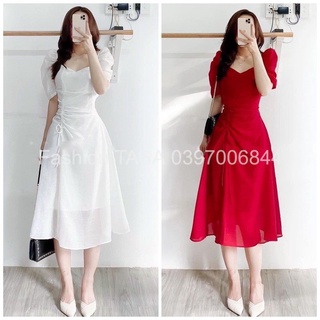 X2 Đầm trắng dự tiệc cổ V tùng tay phồng rút dây thắt eo kèm hình thật váy cưới cô dâu đỏ mặc noel du xuân Tết