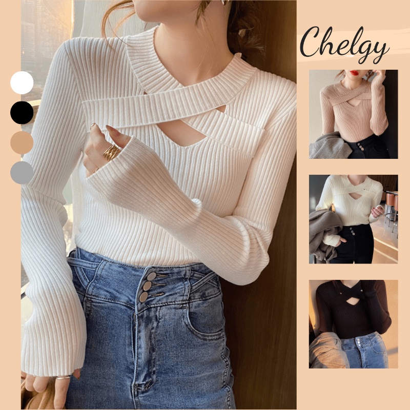 Áo len nữ Chelgy dài tay vải siêu co giãn Cổ Đan Chéo cách điệu phong cách Hàn Quốc mùa thu đồng CG-ALCC102