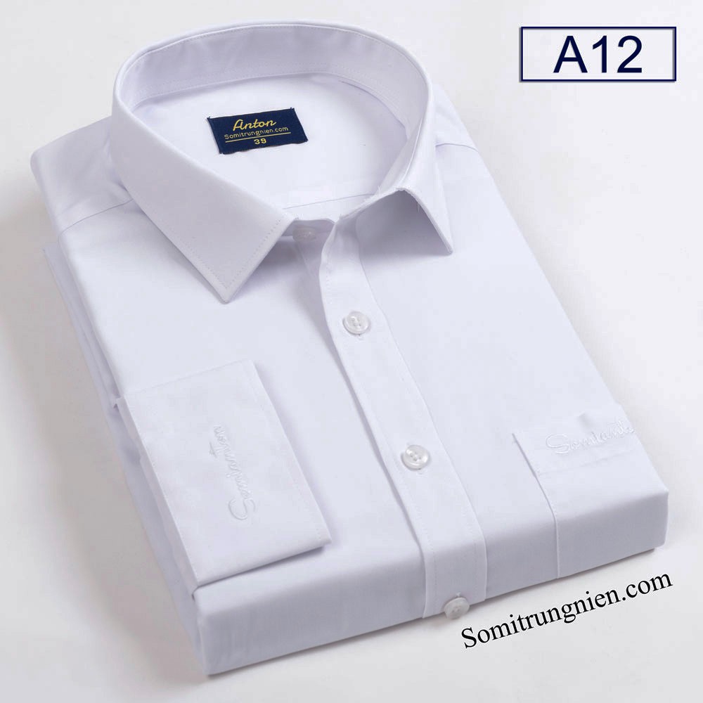 [HÀNG VIỆT NAM] Áo Sơ Mi Nam Công Sở Trung Niên Thương Hiệu Anton Dài Tay Vải Cotton Trắng Trơn Có Túi Ngực -A12