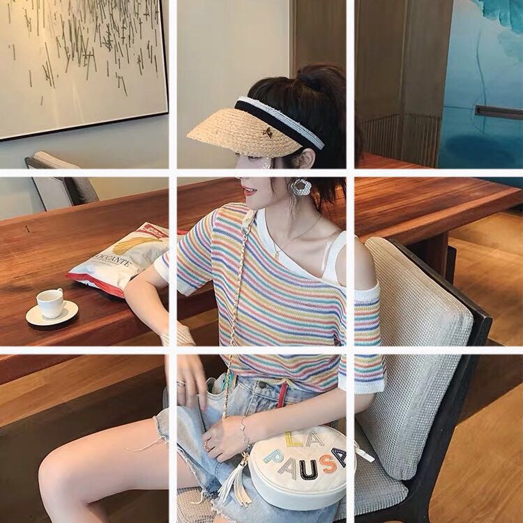  Silk Panya T-shirt Wind Shoulder Knitted Summer Inclined Rainbow 2019 Stripe Top Dress Ice Short New Sleeve Thin of | BigBuy360 - bigbuy360.vn