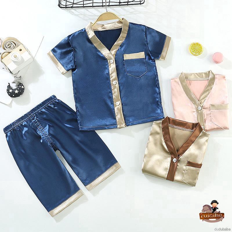 Bộ Đồ Ngủ Pijama Ngắn Tay Vải Lụa Satin Cho Bé