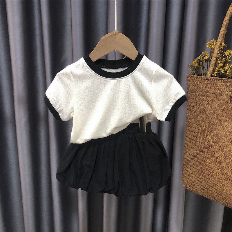 Set Áo Thun Tay Ngắn Phồng Màu Trơn Phối Chân Váy Thời Trang Hè Hàn Quốc 2023 Mới Cho Bé Gái