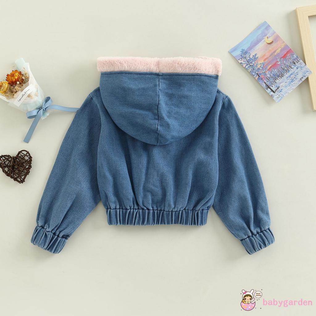Áo Khoác Jean Có Nón Tay Dài Cài Nút Màu Trơn Thời Trang Thu Đông Dành Cho Bé Gái 1-6 Tuổi