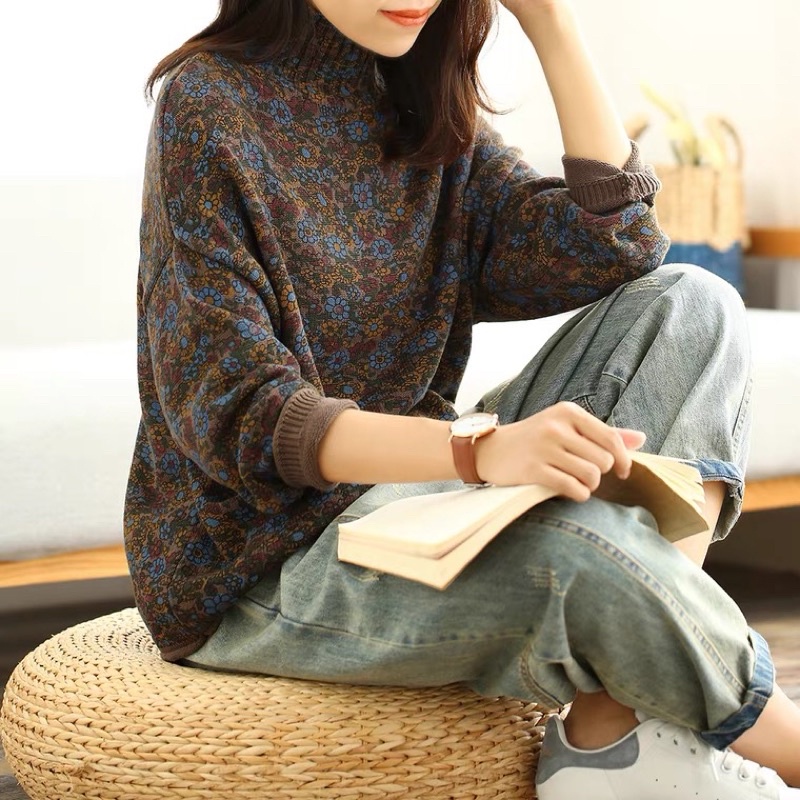 Áo len hoạ tiết vintage cổ 3 phân