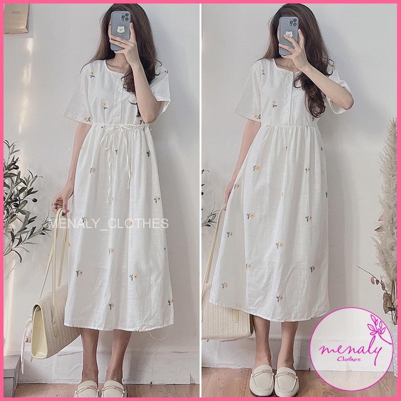 Váy vintage hoa nhí dáng dài babydoll cổ vuông VH065, mẫu váy họa tiết hoa thêu hàng loại 1, 2 lớp dày dặn
