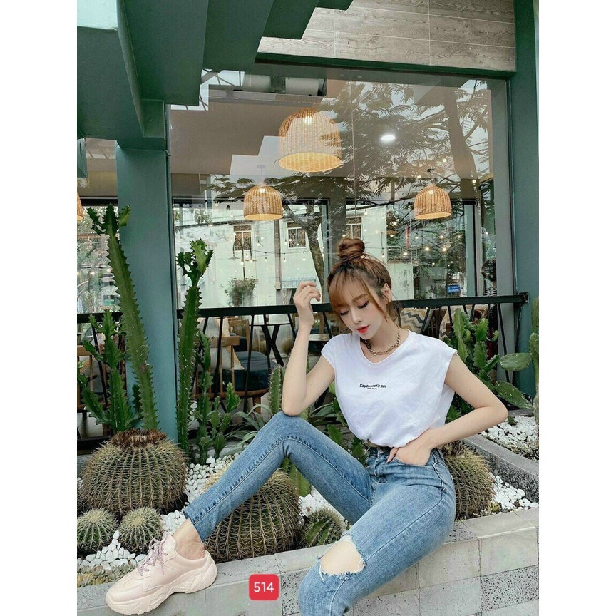 Quần Jean nữ màu xanh cắt gấu rách gối, quần nữ chất vải denim co dãn thoải mái khi mặc T-fashion 24h qn514