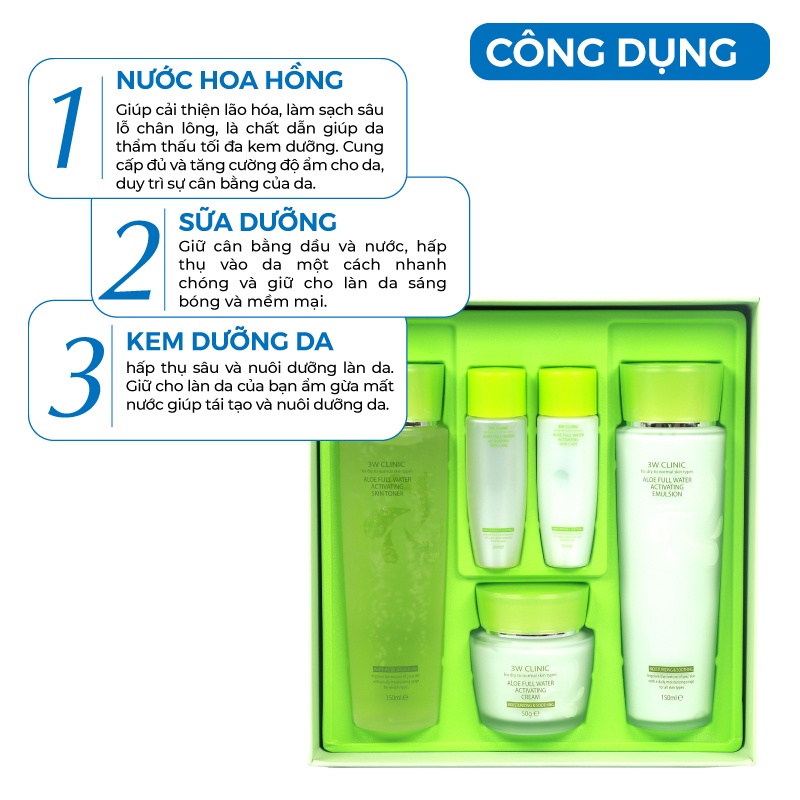 Bộ dưỡng ẩm - Bộ dưỡng da cấp nước chiết xuất từ tinh chất lô hội 3W Clinic Hàn Quốc