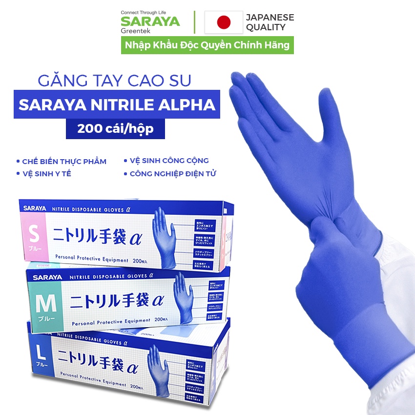 Găng tay cao su Saraya Nitrile Alpha, Không Bột, Màu Xanh Tím, dùng trong thực phẩm, vệ sinh y tế - 200 Chiếc/Hộp