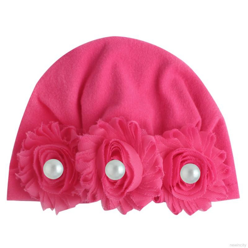 Mũ cotton co dãn đính hoa và ngọc trai cho bé