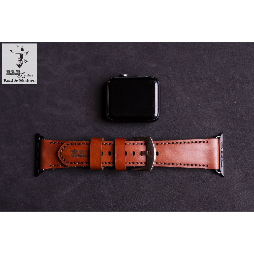 Dây apple watch da bò thật nâu đỏ handmade bền chắc cực đẹp RAM Leather bauhaus 1980 - tặng khóa chốt và adapter