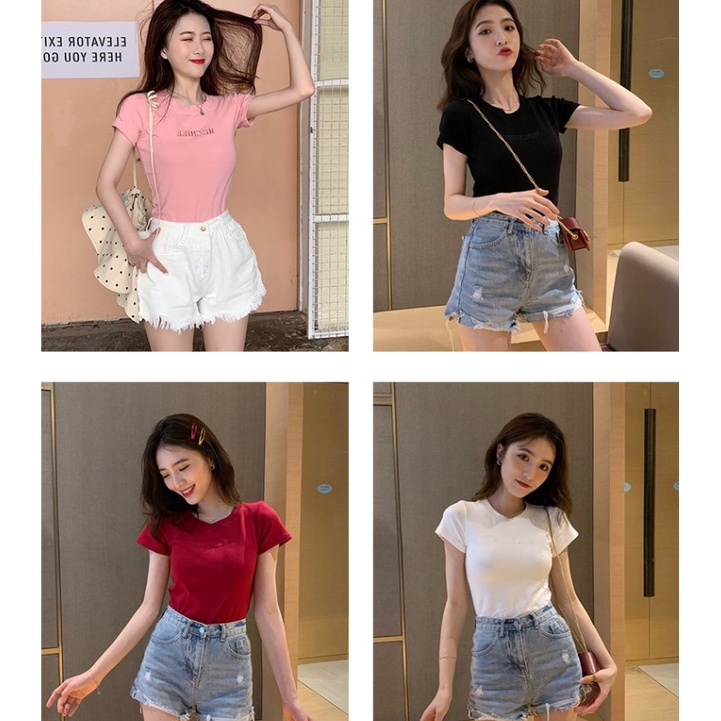 Áo Thun Nữ Ngắn Tay Thêu Chữ Phong Cách Hàn Quốc