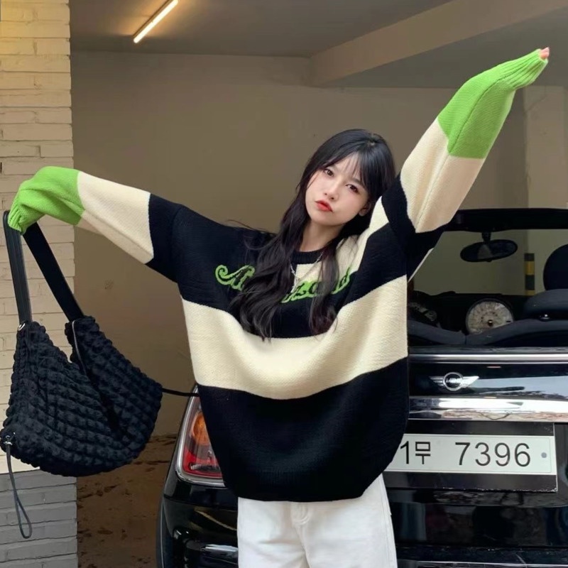 Áo Len Tay Dài Màu Sắc Tương Phản Phong Cách Hàn Quốc