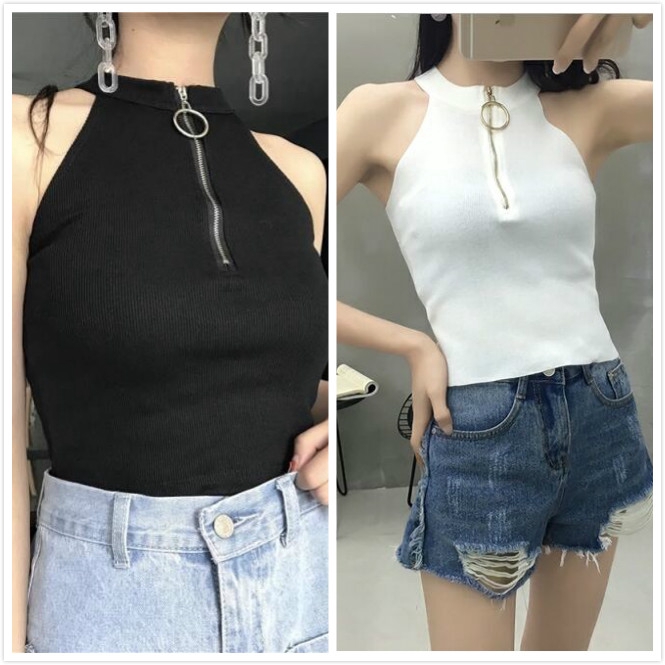 Áo Croptop Sát Nách Phối Khoá Kéo Màu Trắng Đen Thiết Kế Trễ Vai Quyến Rũ