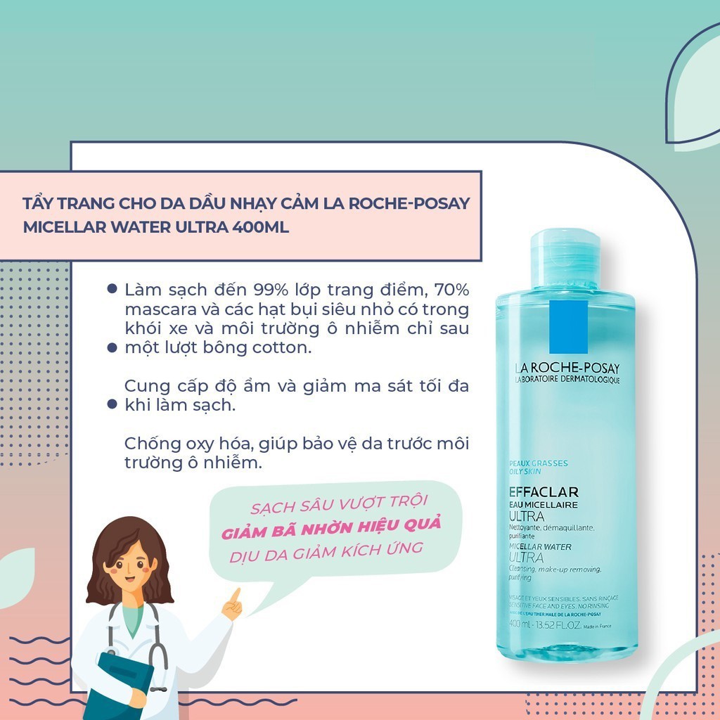 Nước tẩy trang La Roche-Posay cho da nhạy cảm, da dầu nhạy cảm Micellar Water 400ml/50ml