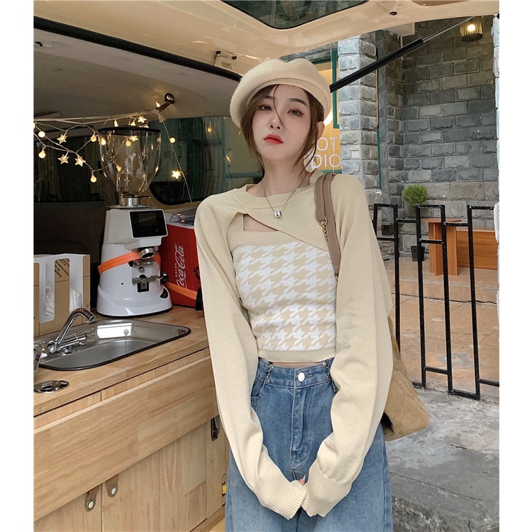 Áo dệt kim nữ hai dây họa tiết caro đơn giản thời trang | BigBuy360 - bigbuy360.vn