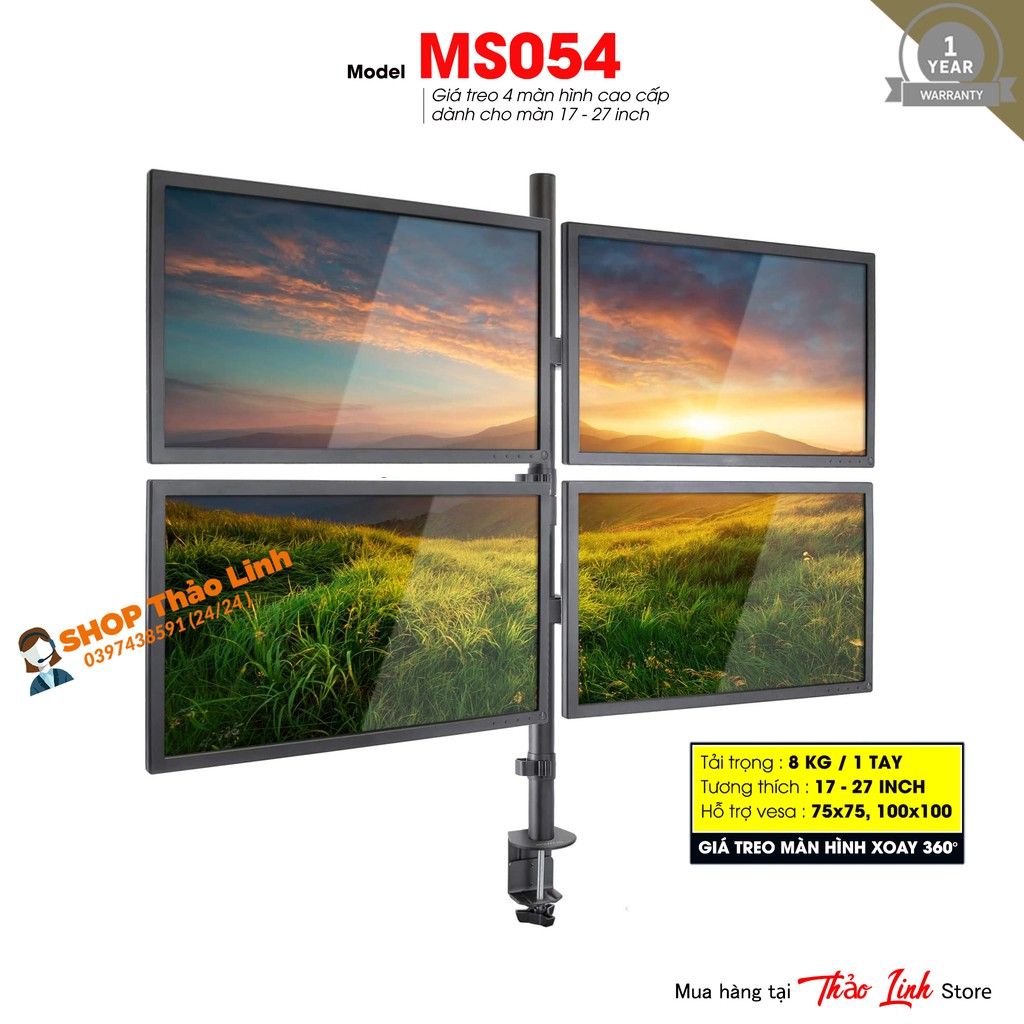 Giá Treo 4 Màn Hình Máy Tính 17 - 27 Inch - Model: MS054 - Tay Đỡ Màn Hình Xoay 360 Độ - Tải Trọng 8Kg 1Tay