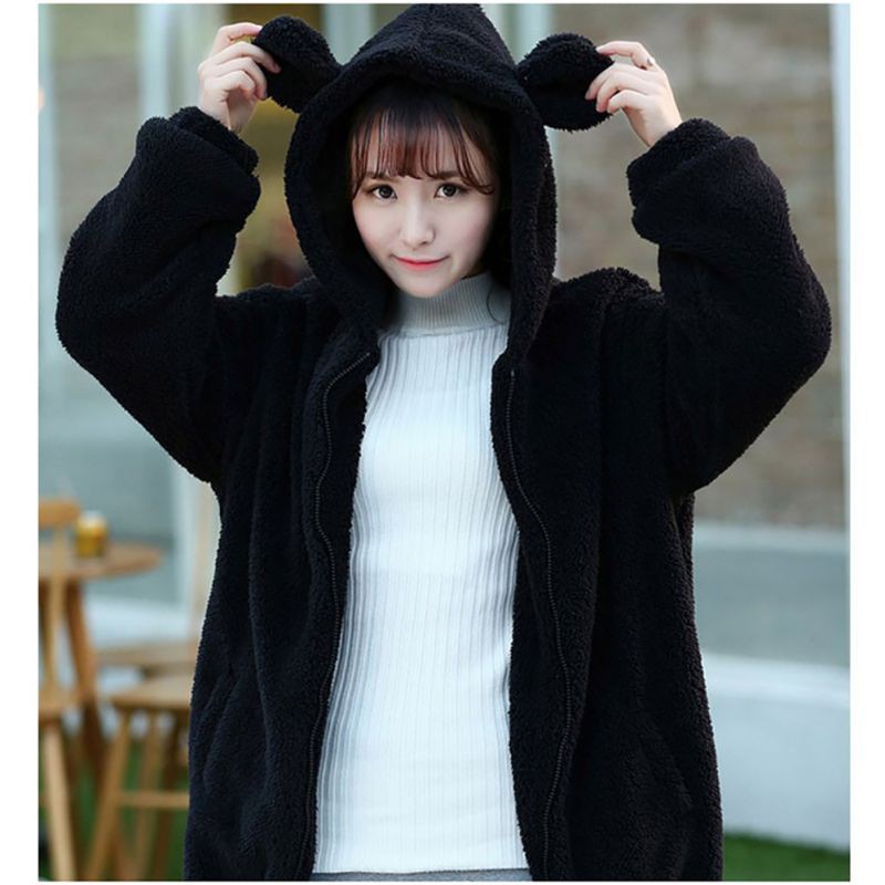 Áo Khoác Hoodie Nữ Có Trùm Đầu Hình Tai Gấu