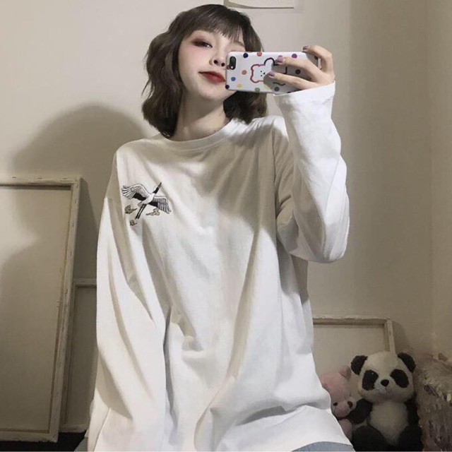 [ Có Ảnh Thật ] Áo thun tay dài form rộng - phông dài tay nam nữ oversize thêu con hạc - 2N Unisex
